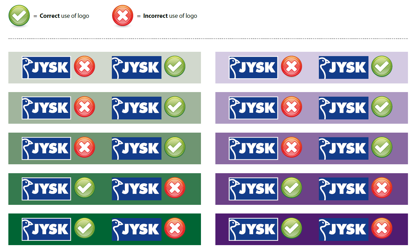 Examples of JYSK logo with background colours